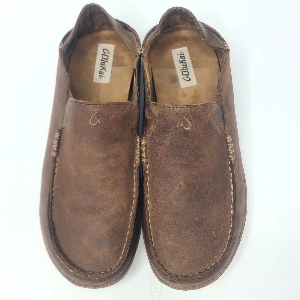 OluKai Moloa Mens 13 Leather Slip On Drop In Heel Shoes Toffee Loafers